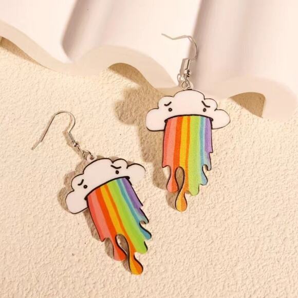 funny cartoon cloud puking a rainbow acrylic earrings - Picture 2 of 4
